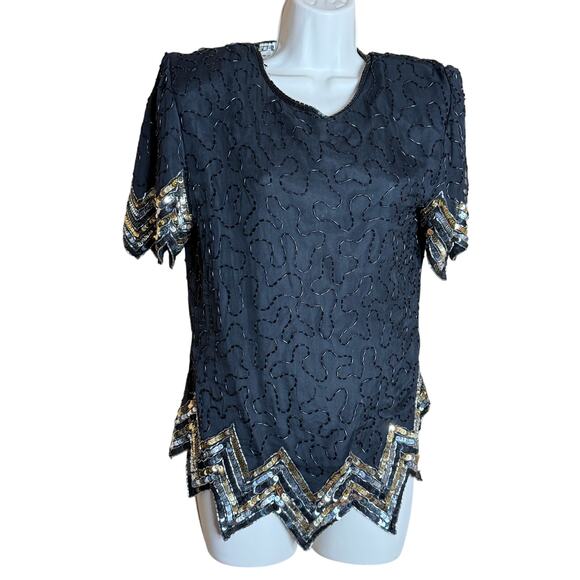 Scala Vintage Black and Gold Beaded Top Blouse M - Picture 2 of 6
